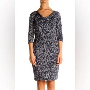 Ann Taylor Loft 3/4 sleeve midi cowl neck side ruched dress, snake skin, Size MP